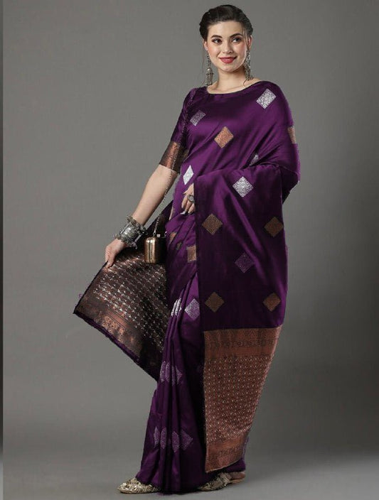 Wine Banarasi Woven Saree With Unstitched Blouse