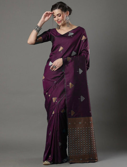Wine Woven Saree With Unstitched Blouse