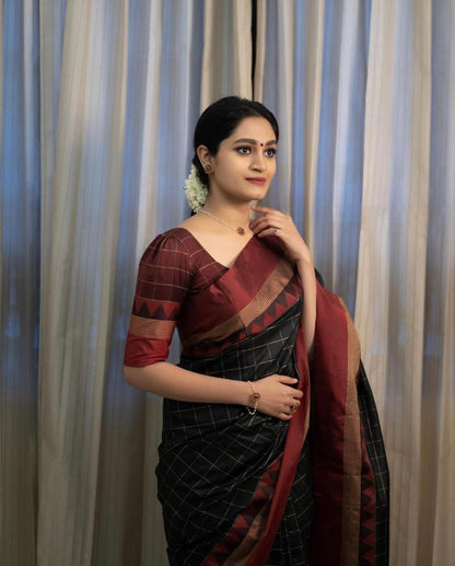 Women's Black and Maroon Silk Woven Saree With Unstitched Blouse