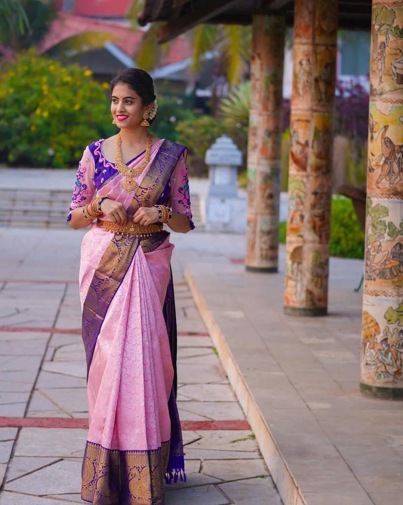 Women's Designer Baby Pink Soft Litchi Silk Saree With Unstitched Blouse Saree