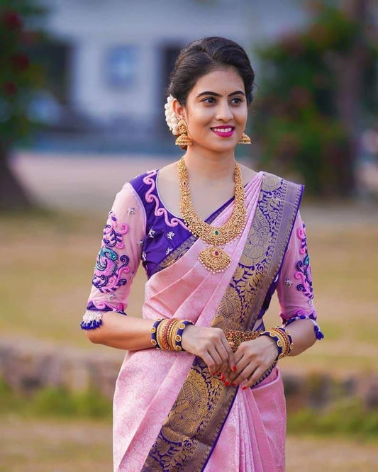 Women's Designer Baby Pink Soft Litchi Silk Saree With Unstitched Blouse Saree