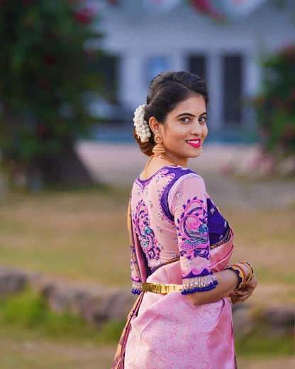 Women's Designer Baby Pink Soft Litchi Silk Saree With Unstitched Blouse Saree