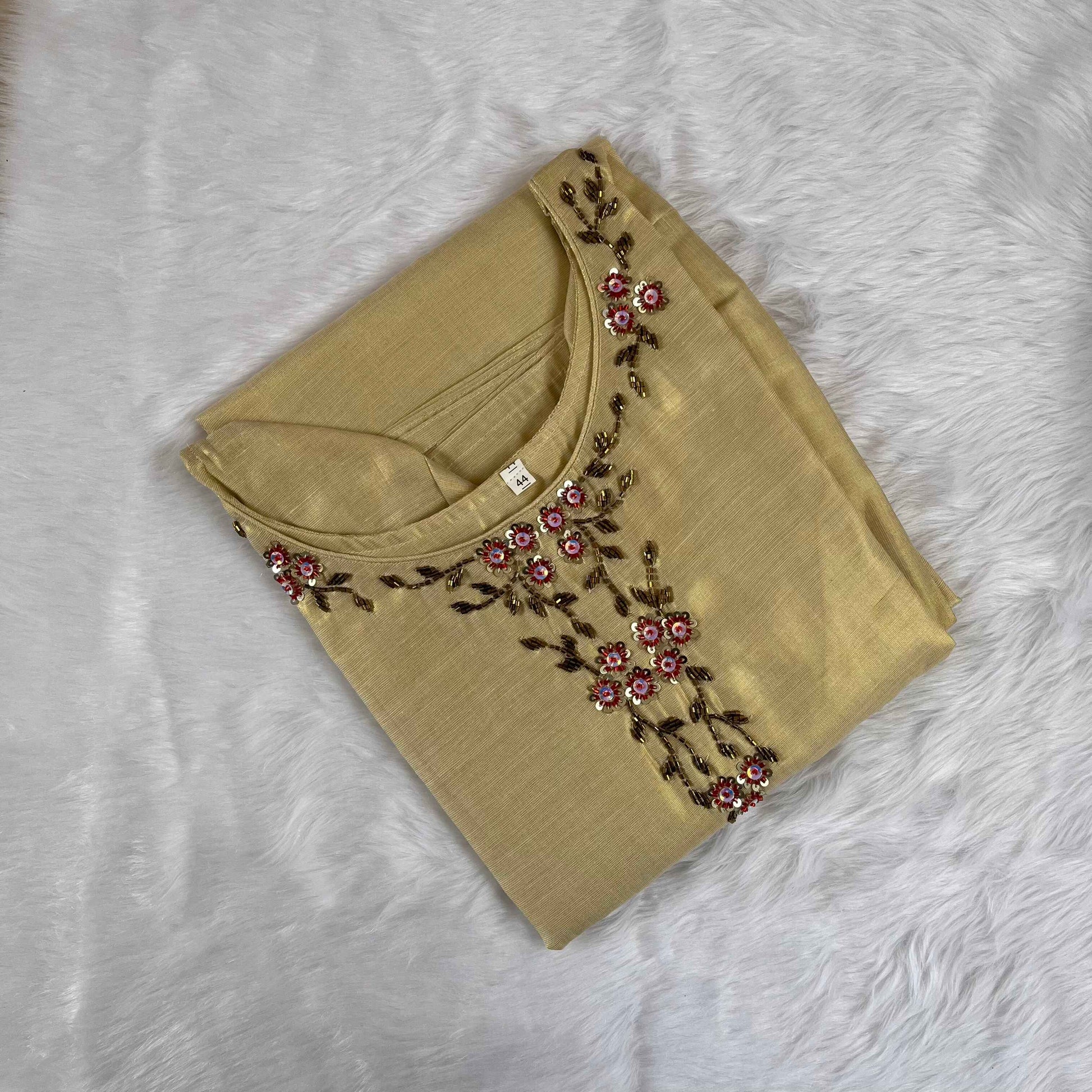 Women's Kerala Traditional Floral Handwork Gold Tissue Kurti