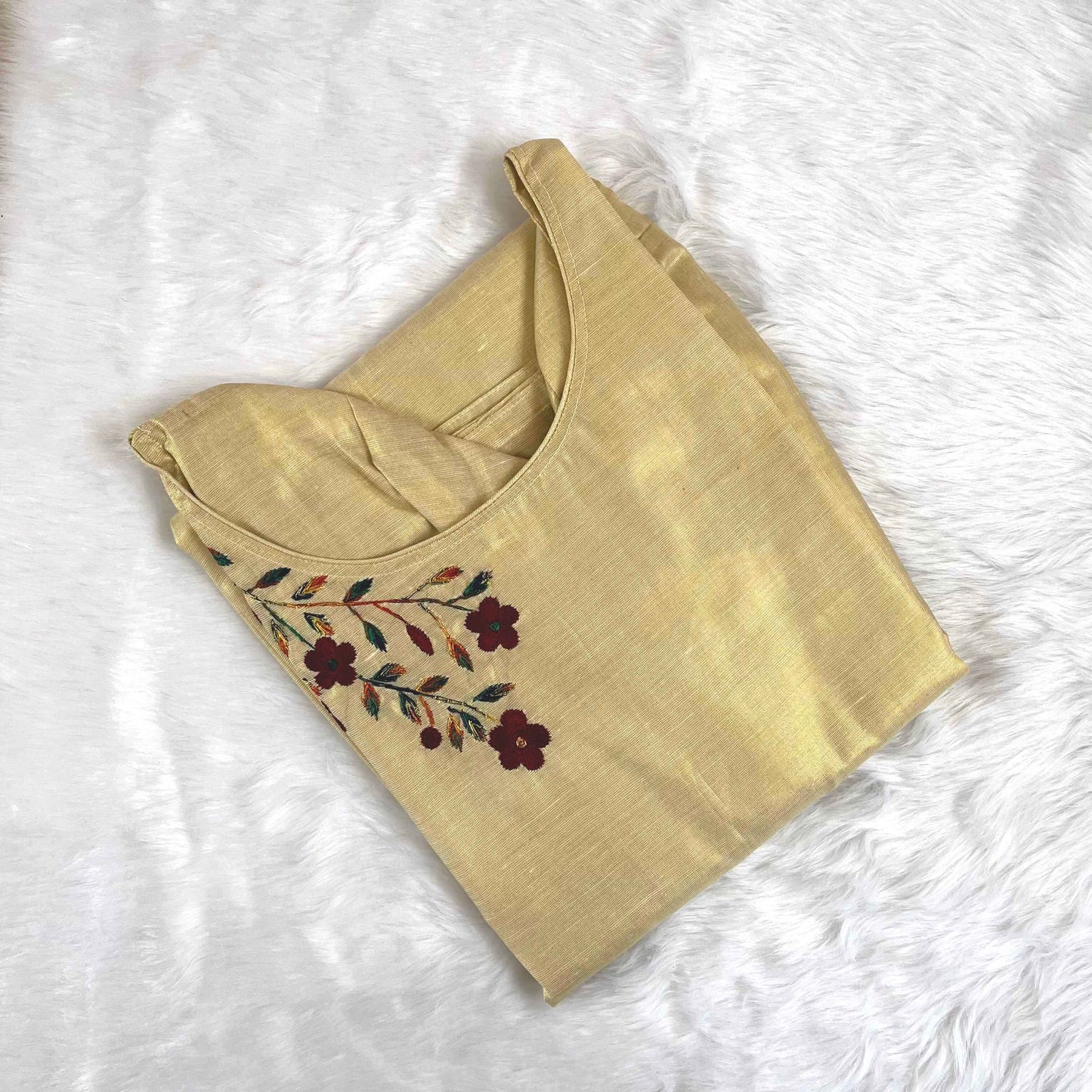 Women's Kerala Traditional Embroidery Gold Tissue kurti