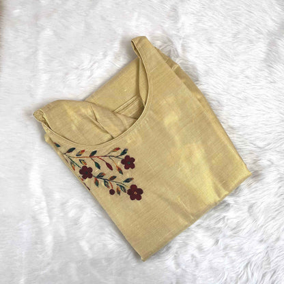 Women's Kerala Traditional Embroidery Gold Tissue kurti