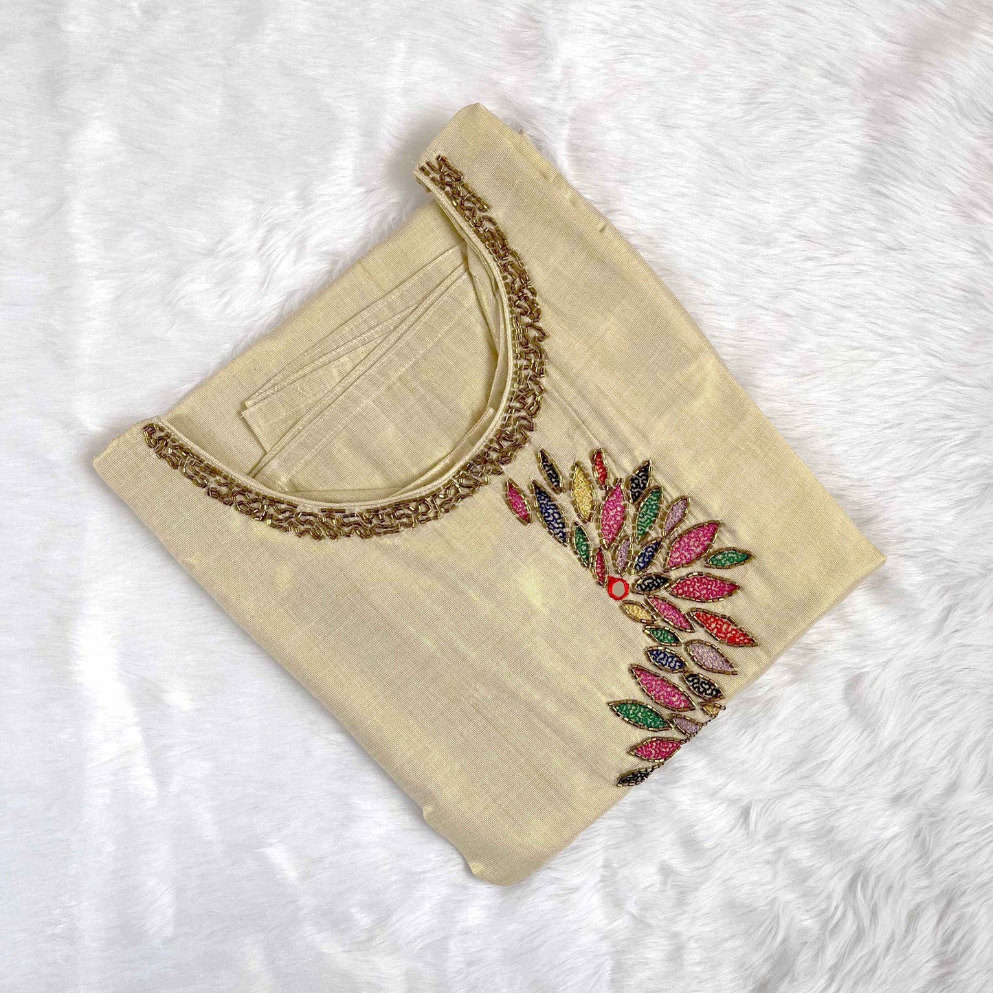 Women's Kerala Traditional Multi Color Handwork Gold Tissue Kurti