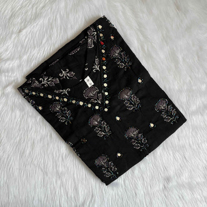 Women's Ajrakh Black Handwork V Neck Kurti