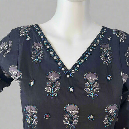 Women's Ajrakh Black Handwork V Neck Kurti