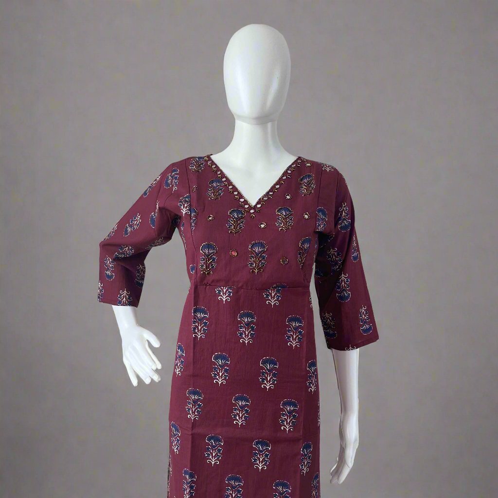 Women's Ajrakh Maroon Handwork V Neck Kurti