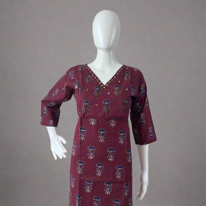 Women's Ajrakh Maroon Handwork V Neck Kurti