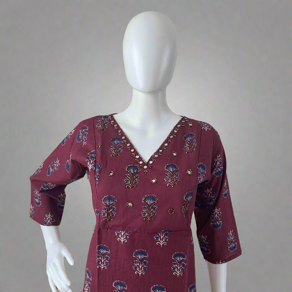Women's Ajrakh Maroon Handwork V Neck Kurti