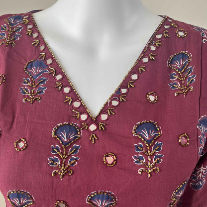 Women's Ajrakh Maroon Handwork V Neck Kurti