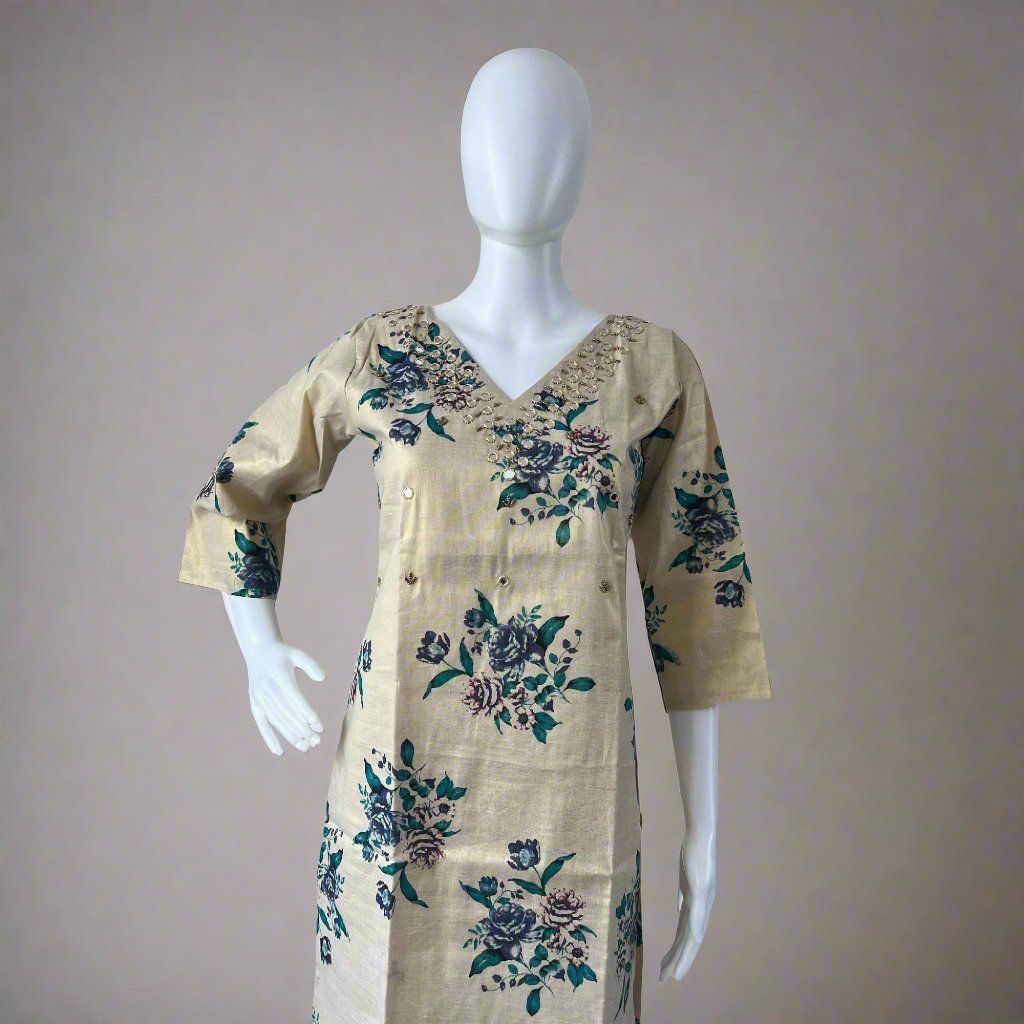 Kerala Kasavu Tissue Floral Print Kurti Teal Blue with Handwork