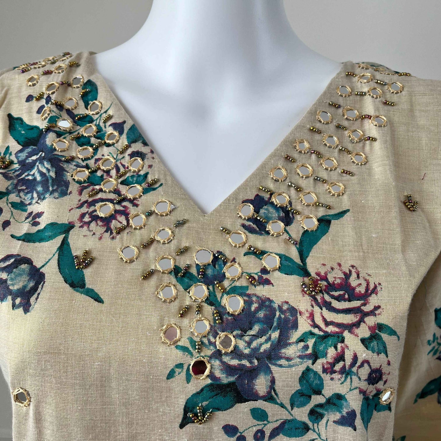 Kerala Kasavu Tissue Floral Print Kurti Teal Blue with Handwork