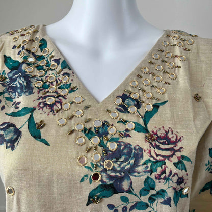 Kerala Kasavu Tissue Floral Print Kurti Teal Blue with Handwork