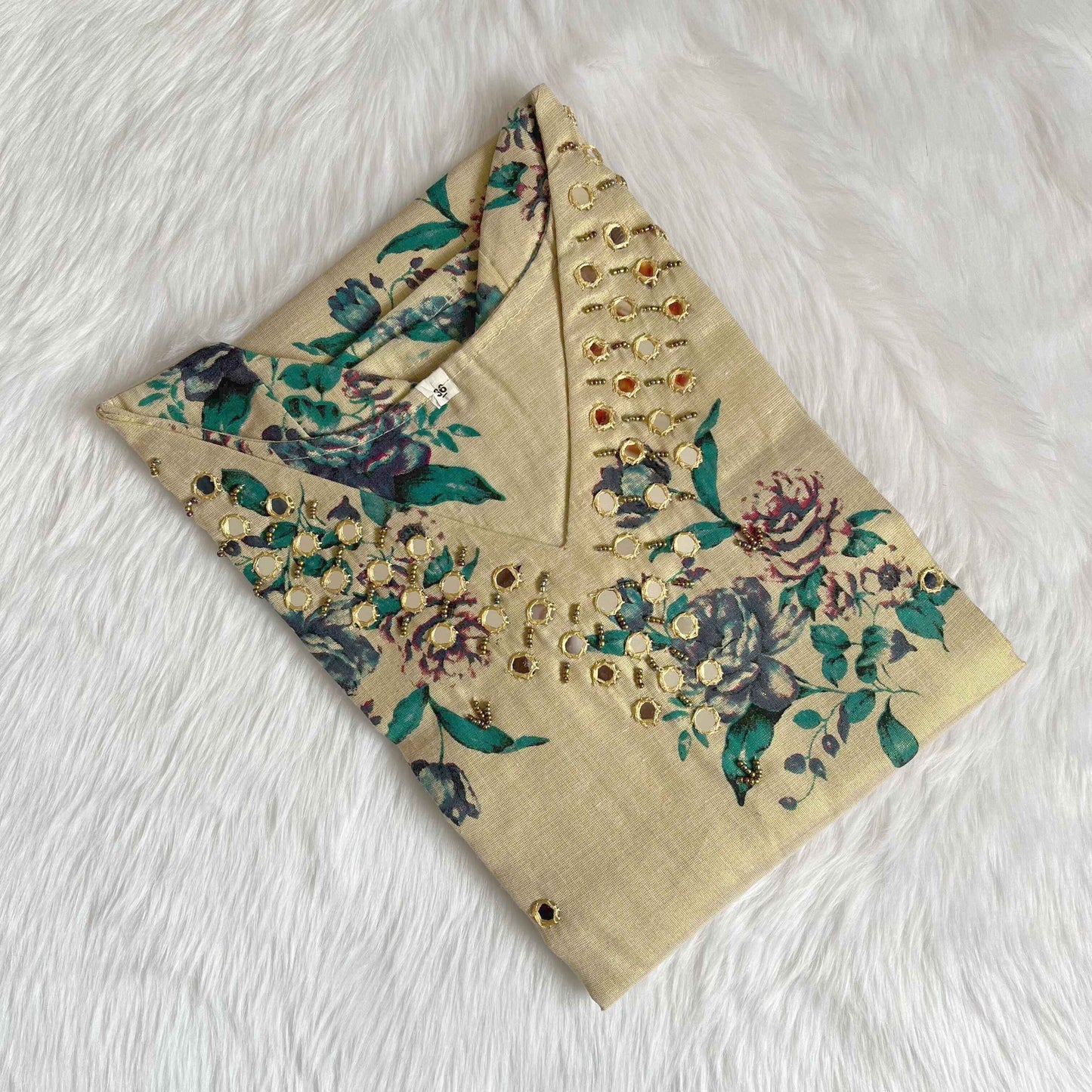 Kerala Kasavu Tissue Floral Print Kurti Teal Blue with Handwork