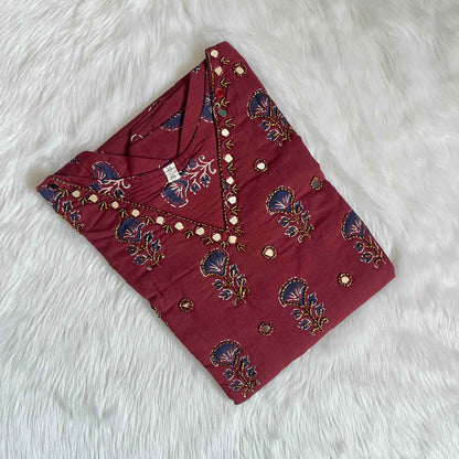 Women's Ajrakh Maroon Handwork V Neck Kurti