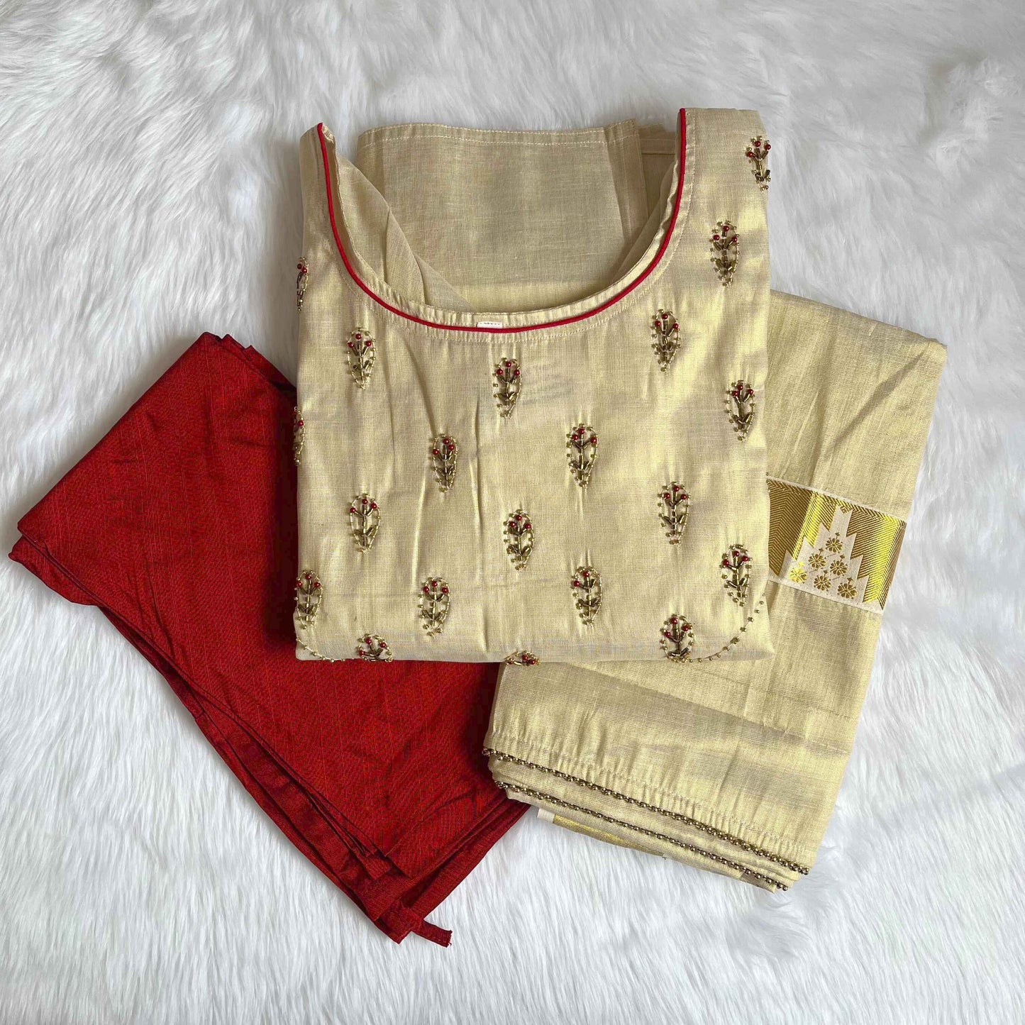 Women's Kerala Traditional Handwork with Red Beads Gold Tissue Ready made Salwar
