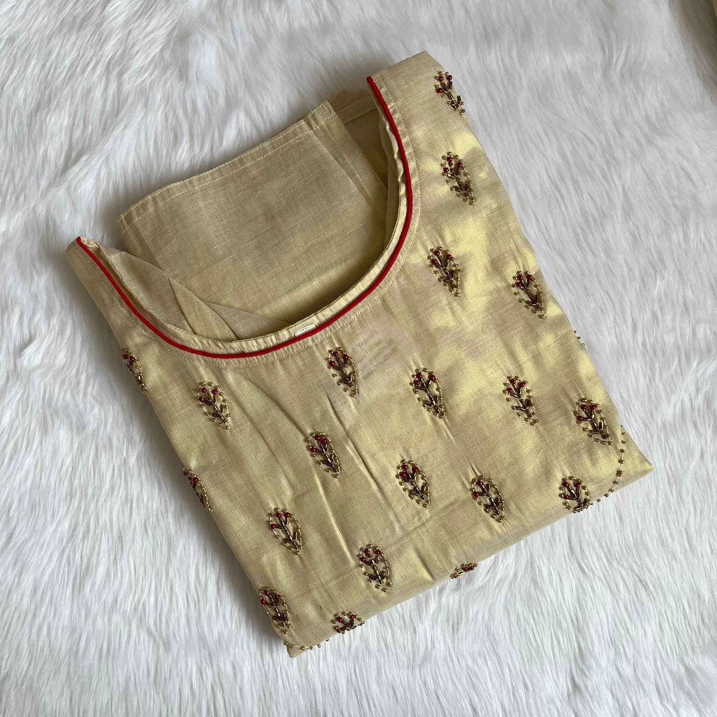 Women's Kerala Traditional Handwork with Red Beads Gold Tissue Ready made Salwar