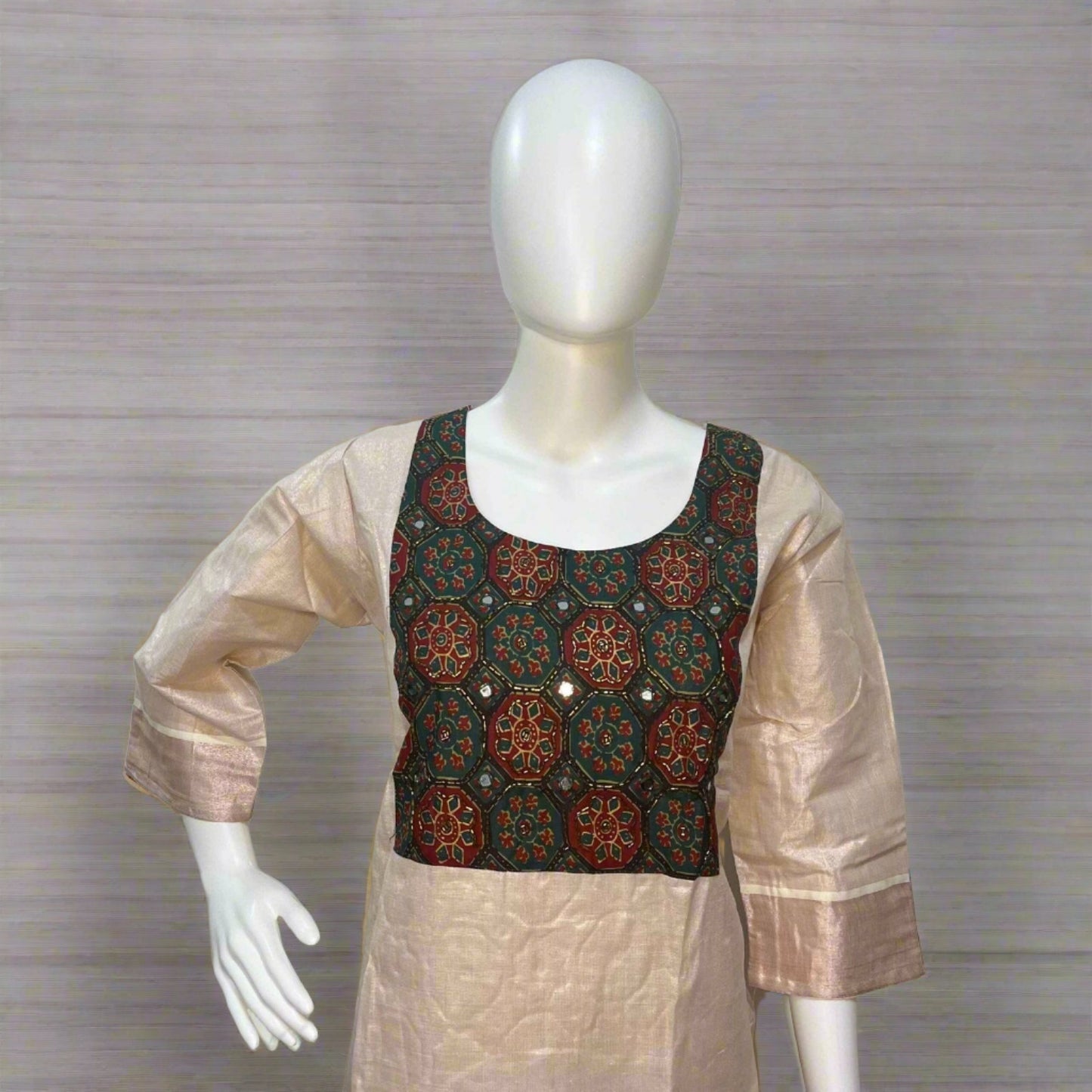 Green Ajrakh Patch Work Copper Tissue Kurti