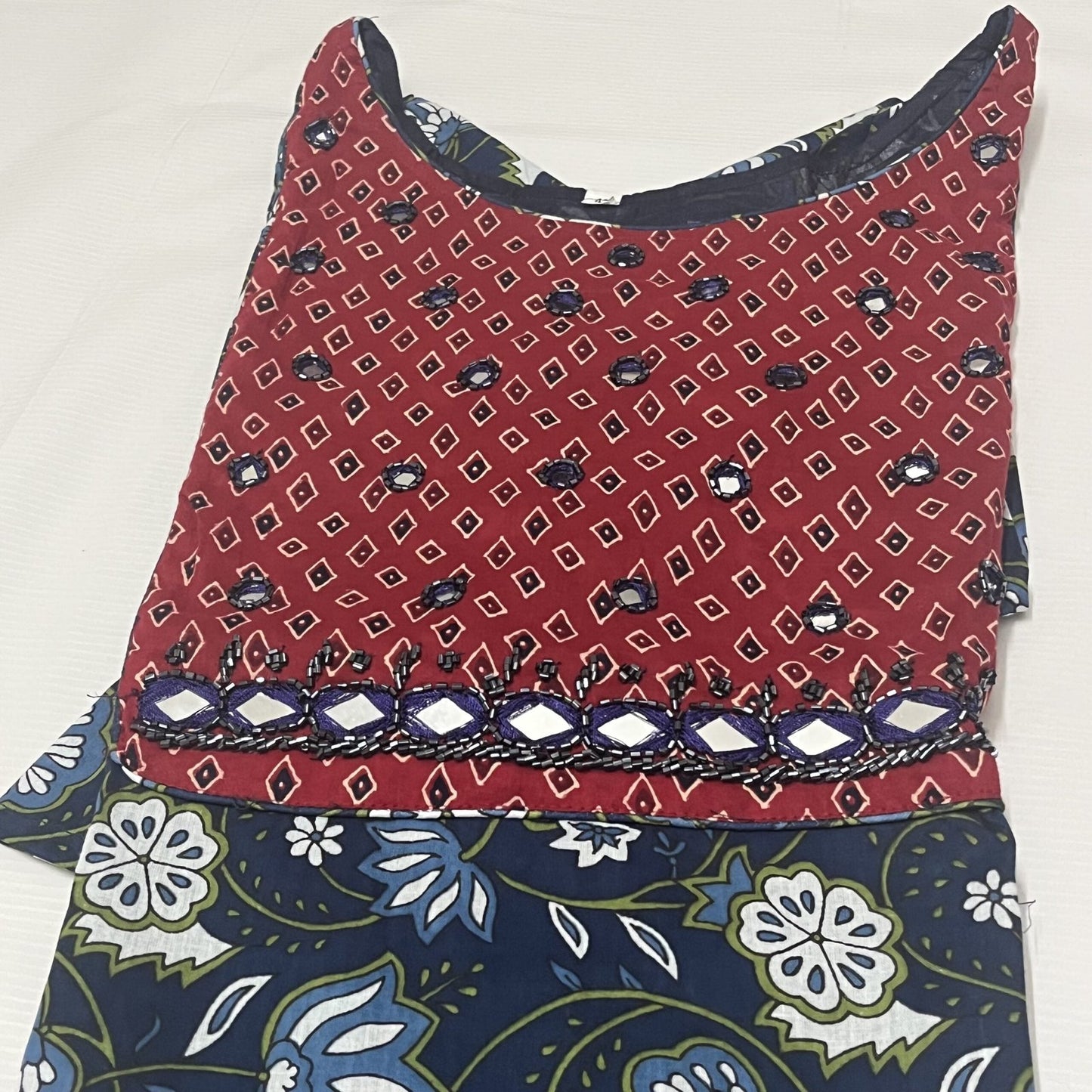 Women's Blue Handwork Floral Print Kurti