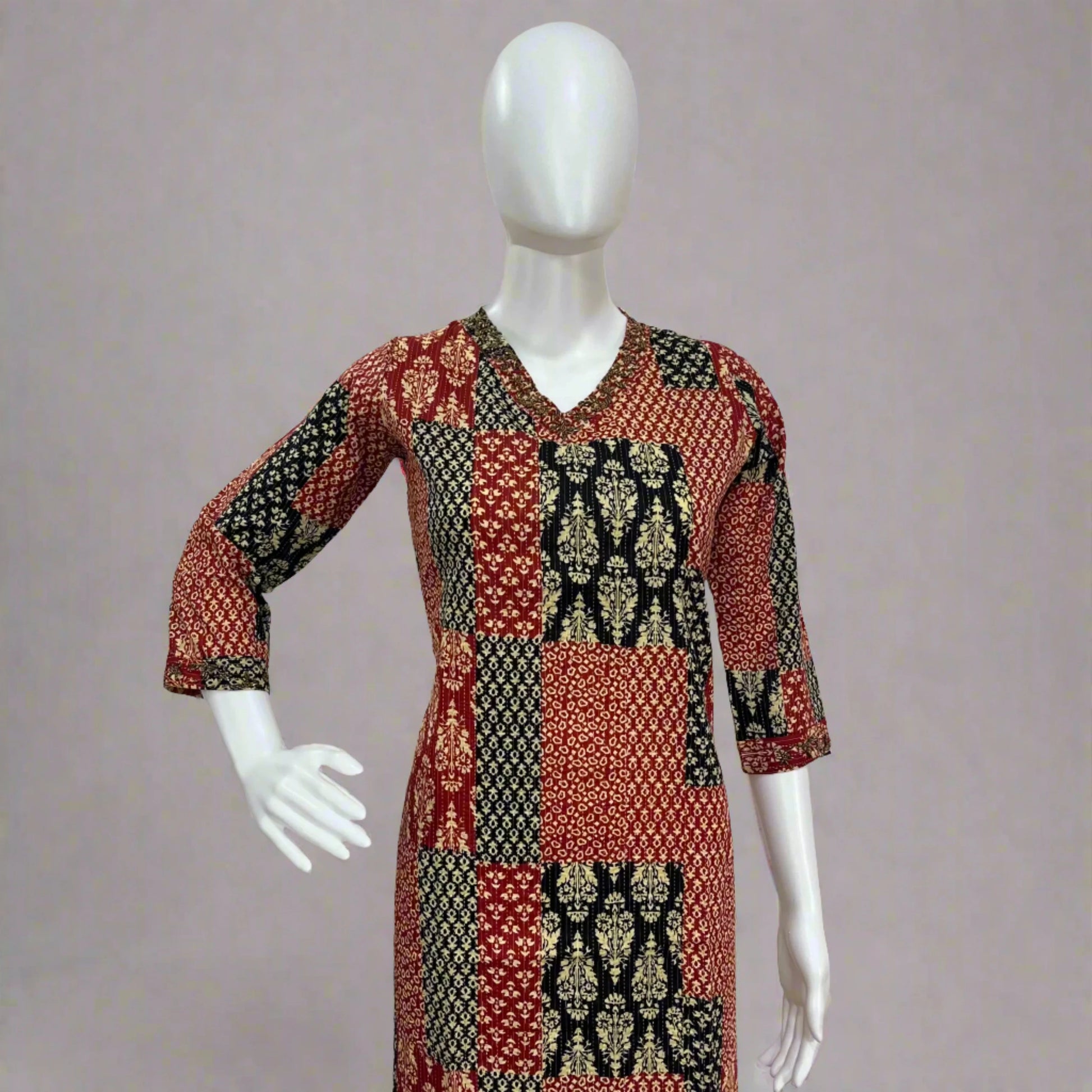 Women's V Neck Multi-color Handwork Kurti
