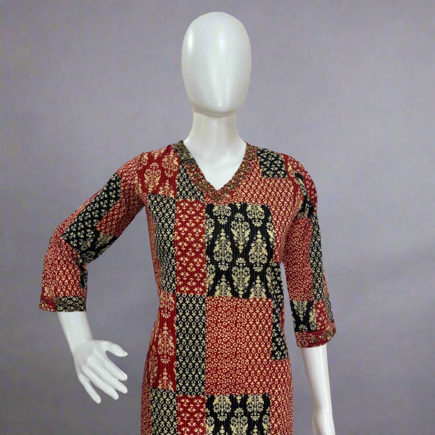 Women's V Neck Multi-color Handwork Kurti