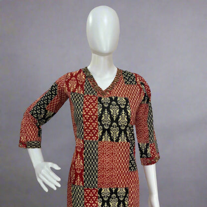 Women's V Neck Multi-color Handwork Kurti