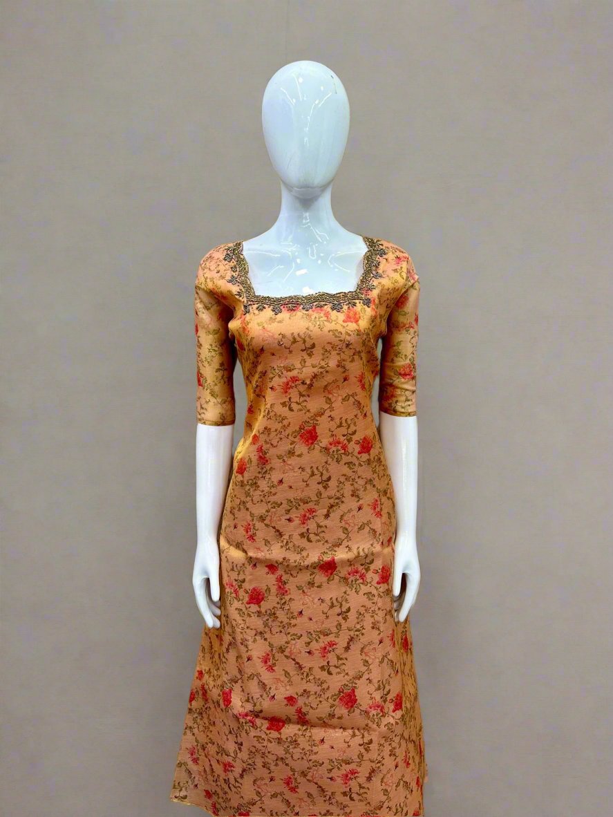 Women's Floral Printed Golden Tissue A-Line Kurti with Cotton Lining