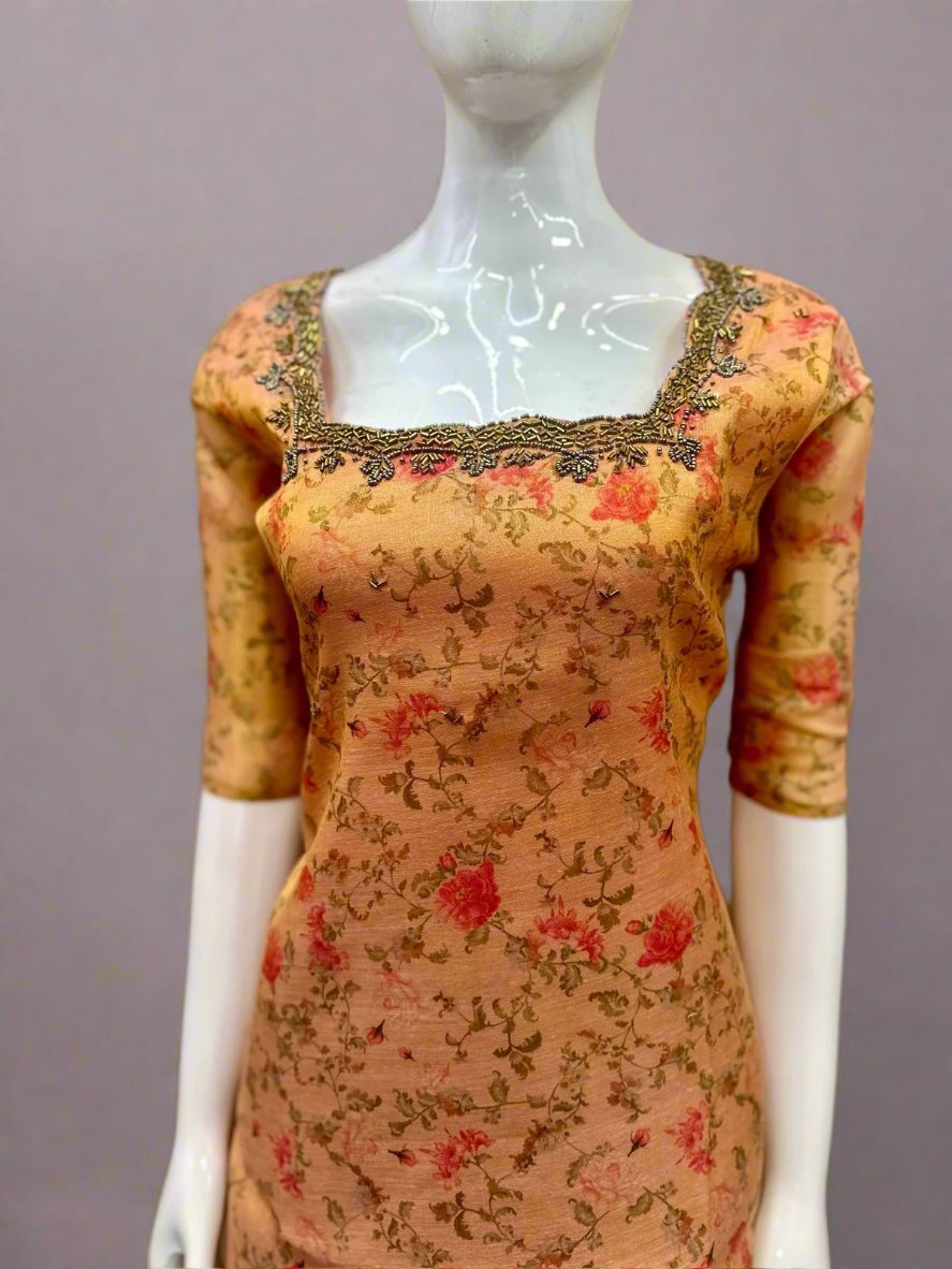 Women's Floral Printed Golden Tissue A-Line Kurti with Cotton Lining
