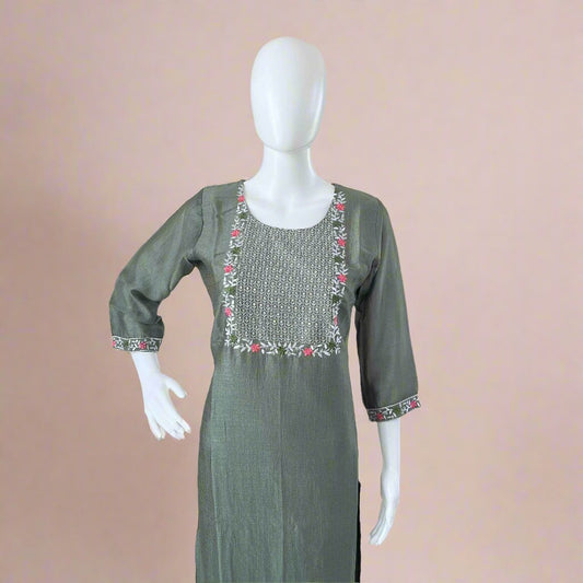 Women's Pastel Green Vichitra Silk Stitched Kurti with lining
