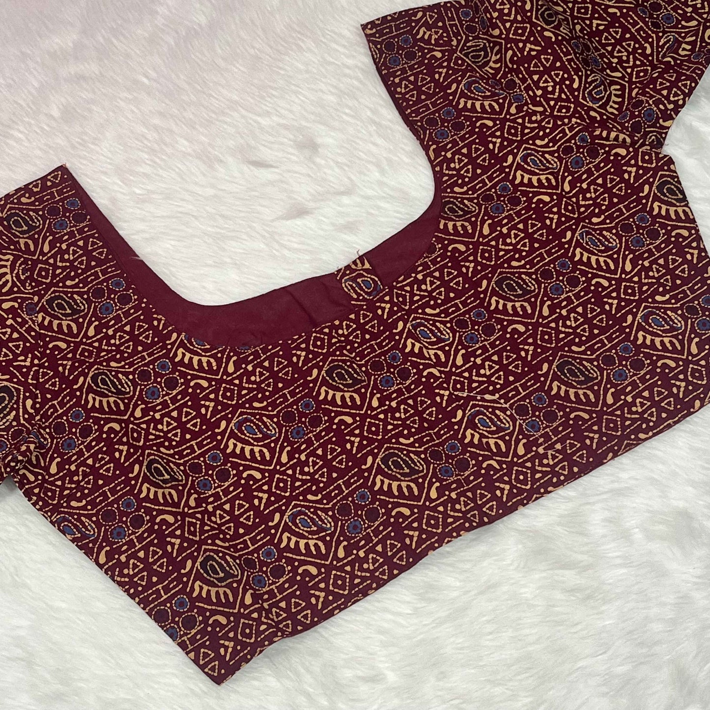 Ajrakh Print Non Paded Cotton Ready To Wear Maroon Blouse
