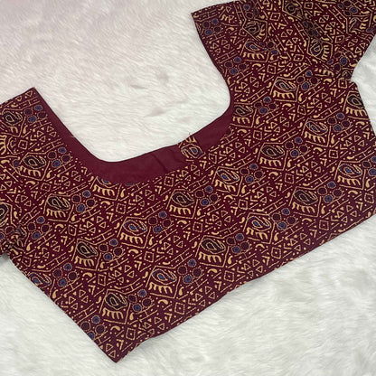 Ajrakh Print Non Paded Cotton Ready To Wear Maroon Blouse