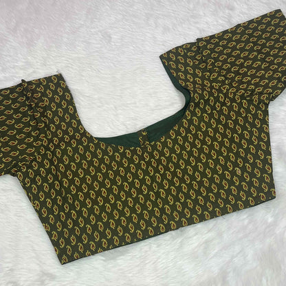 Ajrakh Printed Non Paded Cotton Ready To Wear Green Round Neck Blouse