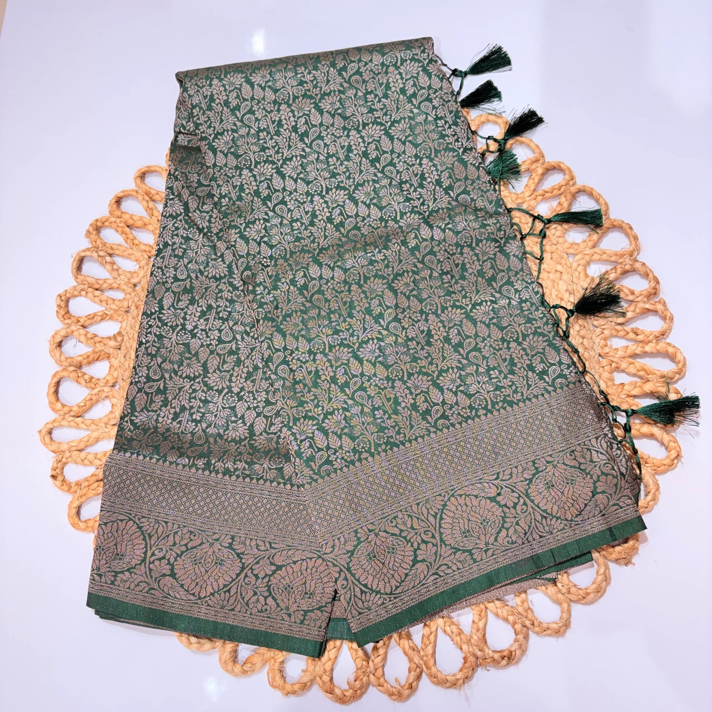Bottle Green Jacquard Woven Saree with Self Design & Tassel Pallu – Elegant Festive & Office Wear