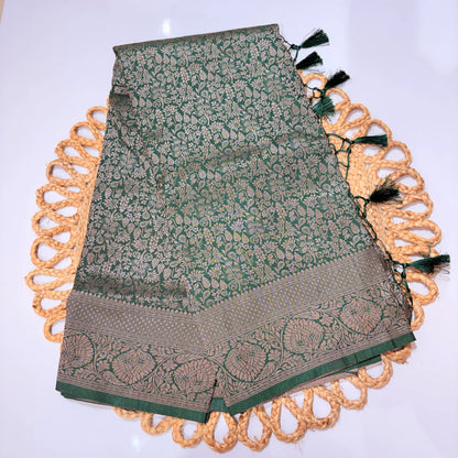 Bottle Green Jacquard Woven Saree with Self Design & Tassel Pallu – Elegant Festive & Office Wear