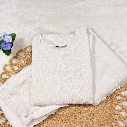 Ivory Heavy Schiffli Georgette Kurti Set with Dupatta | Stitched Suit