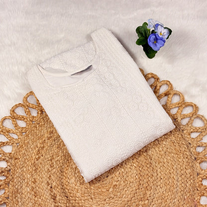 Ivory Heavy Schiffli Georgette Kurti Set with Dupatta | Stitched Suit