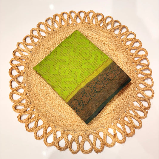 Leaf Green Woven Saree with Dark Green Jacquard Border – Elegant Festive & Office Wear