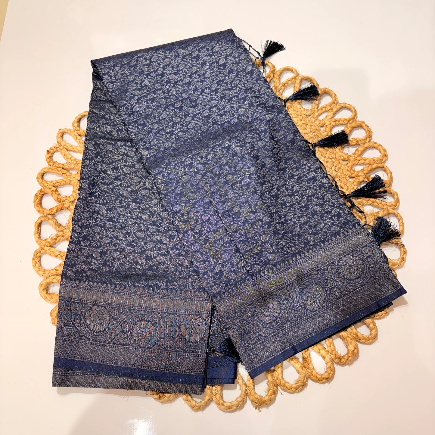 Midnight Blue Jacquard Woven Saree with Tassel Pallu & Blouse Piece – Festive Wedding Office Wear