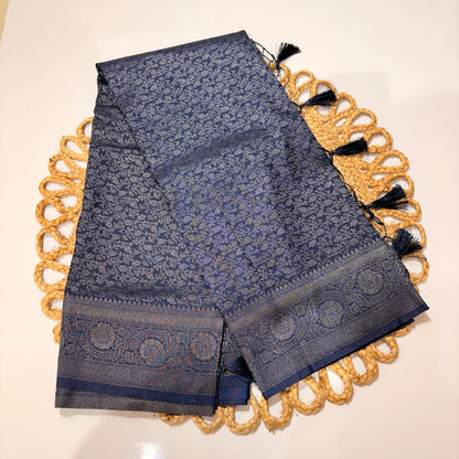 Midnight Blue Jacquard Woven Saree with Tassel Pallu & Blouse Piece – Festive Wedding Office Wear