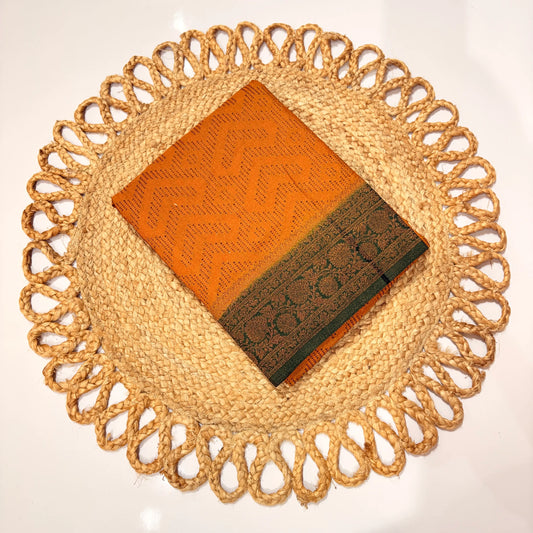 Mustard Orange Woven Saree with Green Jacquard Border & Blouse Piece – Festive Wedding Office Wear