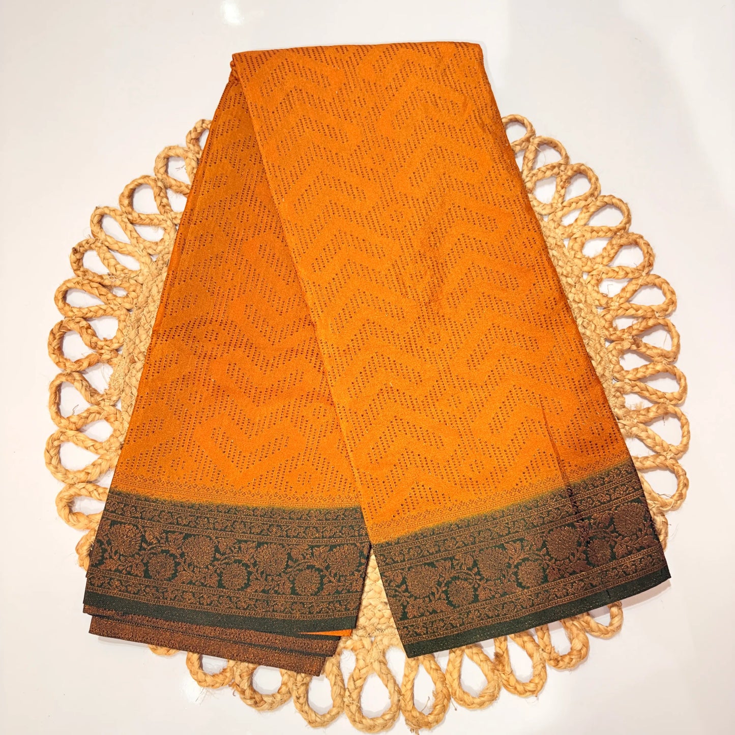 Mustard Orange Woven Saree with Green Jacquard Border & Blouse Piece – Festive Wedding Office Wear
