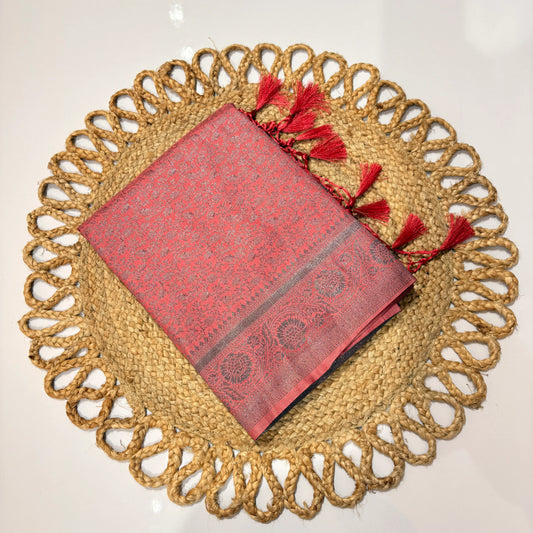 Rose Pink Jacquard Woven Saree with Tassel Pallu & Blouse Piece – Festive Wedding Office Wear