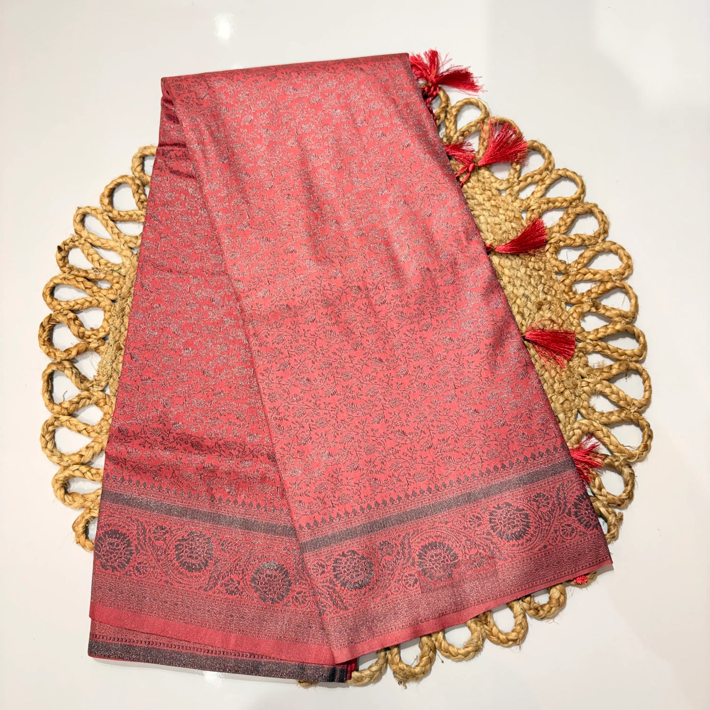 Rose Pink Jacquard Woven Saree with Tassel Pallu & Blouse Piece – Festive Wedding Office Wear