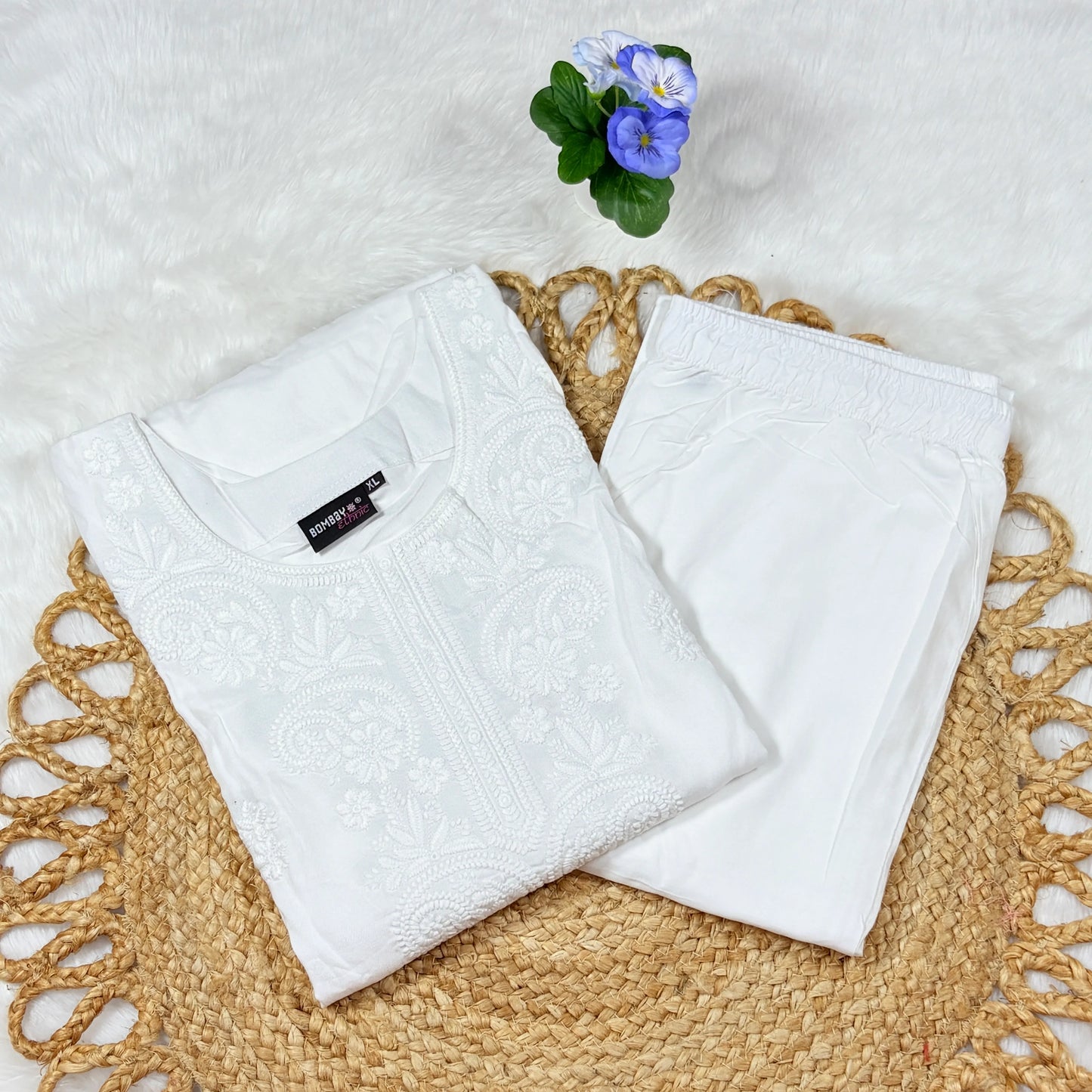 White Embroidered Cotton Kurti with Matching Bottom | Everyday Comfort Set