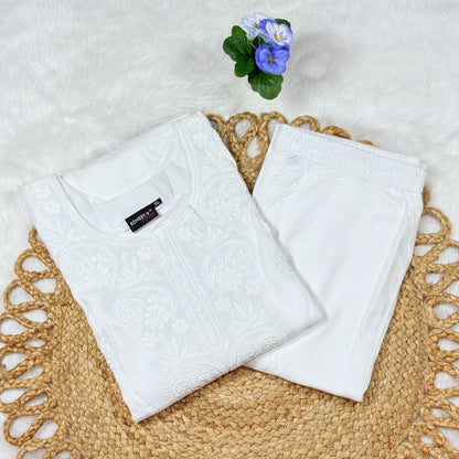 White Embroidered Cotton Kurti with Matching Bottom | Everyday Comfort Set