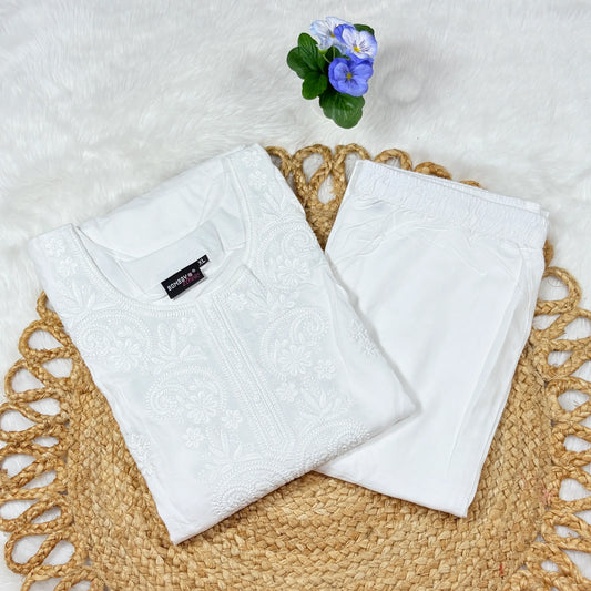White Embroidered Cotton Kurti with Matching Bottom | Everyday Comfort Set