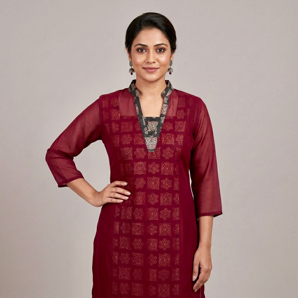 Women's Ajrakh Print Layered A-Line Kurta with Jacket | Cotton Georgette Ethnic Set | RAE Trends