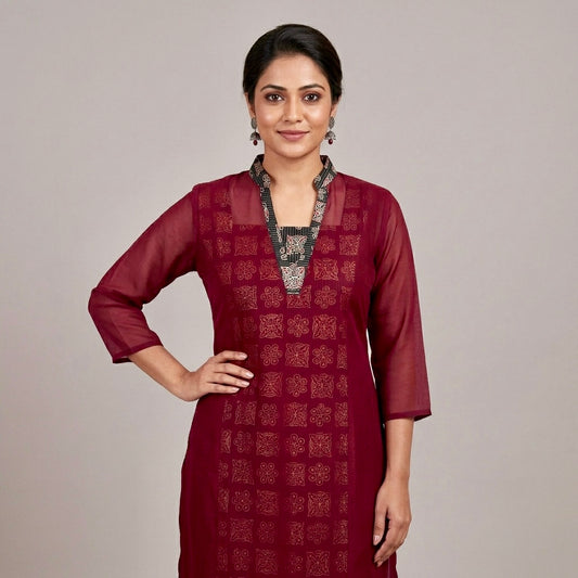 Women's Ajrakh Print Layered A-Line Kurta with Jacket | Cotton Georgette Ethnic Set | RAE Trends